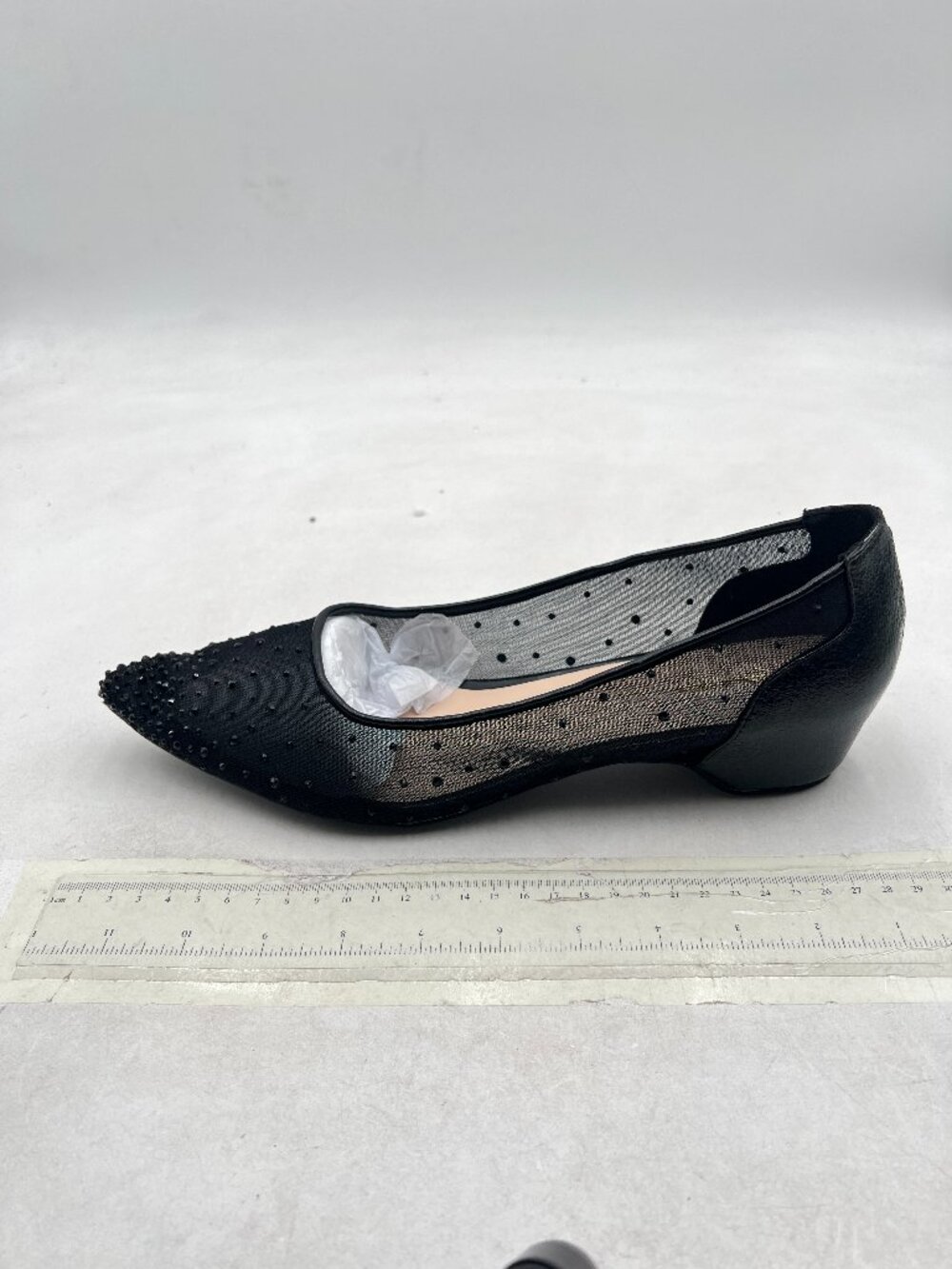 XYD Black Rhinestones Studded Mesh Hidden Heels Slip On Pointed Toe Evening Shoe